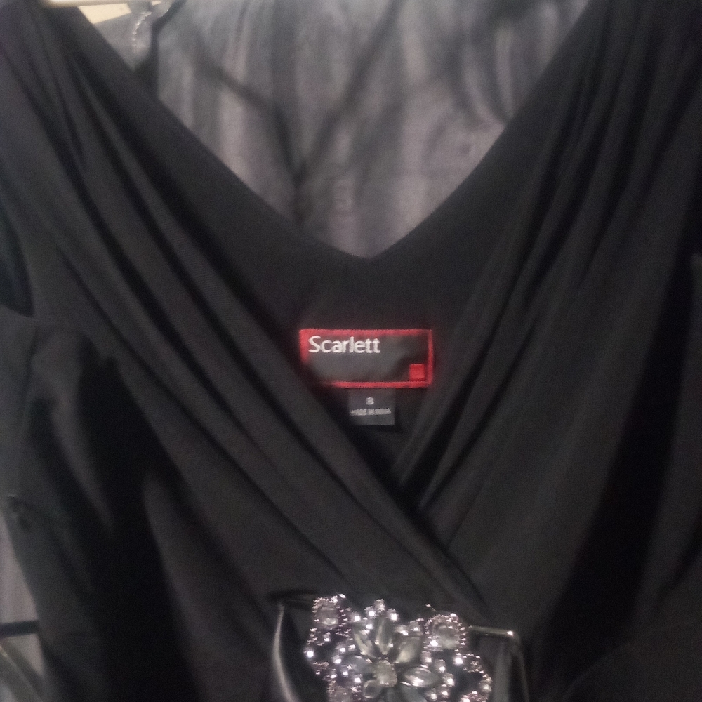 Scarlet black cocktail dress with rhinestone silk accent belt